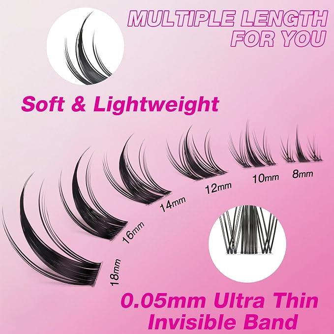 VEYESBEAUTY Lash Clusters Eyelash Extensions Thin & Invisible Band DIY Individual False Eyelashes Newbie's Five-Second Series Wispy Lash Tray for Self-application, Manga Lashes14mm Length