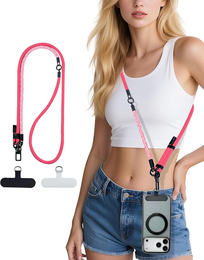 Phone Lanyard Crossbody, 3-in-1 Neck Strap& Wrist Strap, Adjustable Anti-Theft Lanyard with 2 Phone Tether Tabs, Universal Cell Phone Strap for All Case,Travel Essential, Pink