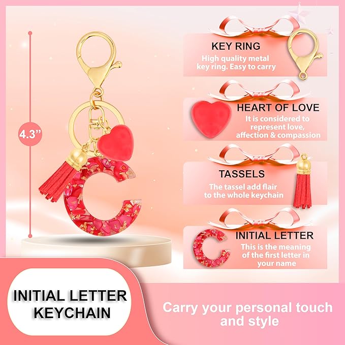 Initial Keychains for Women with Cute Heart Resin - Alphabet Letter Keychain for Bag, Backpacks, Purse or Car key