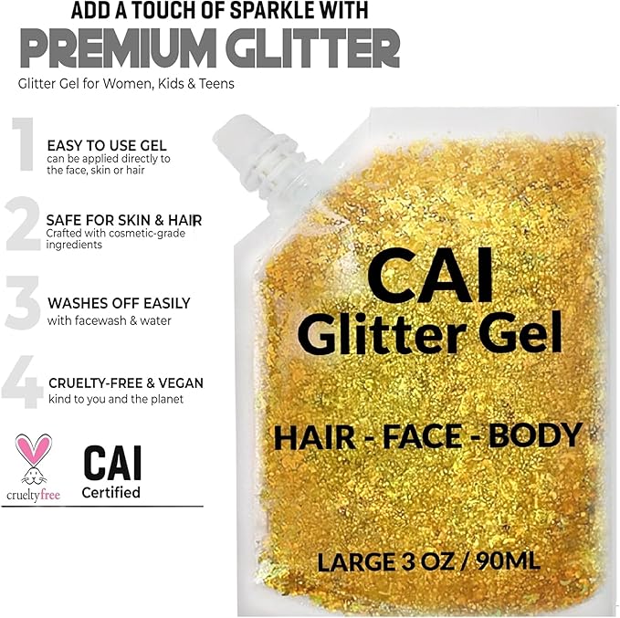 Face, Body & Hair Glitter Gel – Halloween Glitter for Kids and Women – 3 Oz Cosmetic-Grade Gel w/Moon & Stars for Festivals & Halloween Party, Easy Apply & Wash Off - Rose/Gold 2Pack