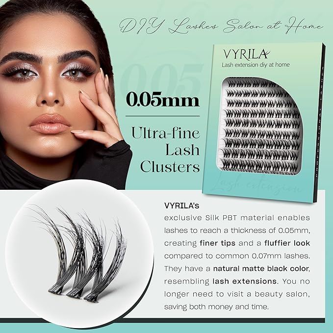 VYRILA Lash Clusters 0.05mm Individual Lashes, 3D Wispy Lashes Clusters, 0.1mm Super Thin Band Resuable Natural Lashes,D Curl Faux Mink Lashes,108pcs Lash Extension (Green Cozy-D-0.05-8-16mix)