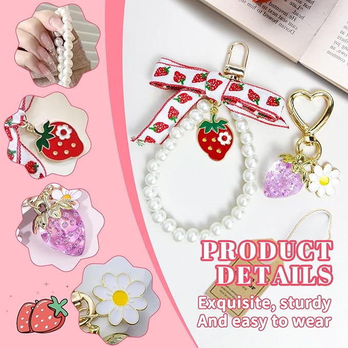 2Pcs Strawberry Keychain Charm Cute Bag Charms Flower Daisy Pearl Bow Keychain Strawberry gift for Women