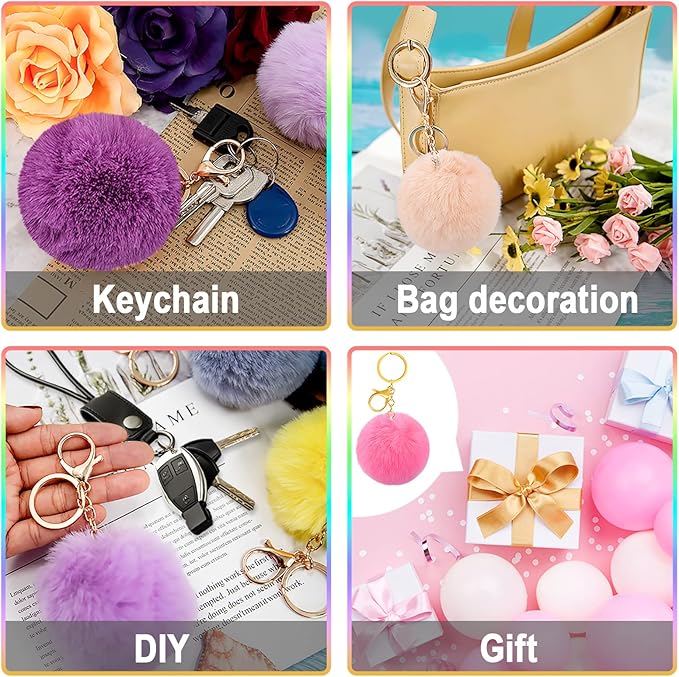 BQTQ 18 Pieces Pom Pom Keychain Rabbit Faux Fur Ball Keychain Fluffy Pom Pom Keychain Pom Pom Puff Ball with Keychain Hooks