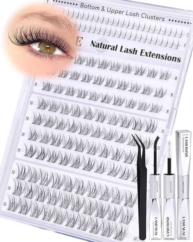 ALICE Short Lash Clusters Kit 8mm-10mm-12mm Natural Clear Band Cluster Eyelash Extension Kit Wispy Eyelash Clusters Kit with Bottom Lashes Bond and Seal DIY at Home