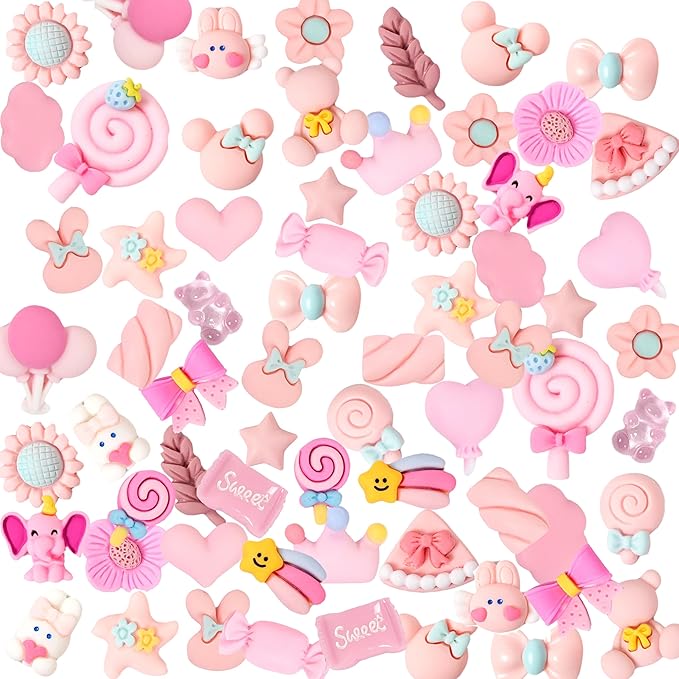 70 Pcs Slime Charms Pink Resin Charms Cute Embellishments Bulk Mixed Ornament Decorations Accessories