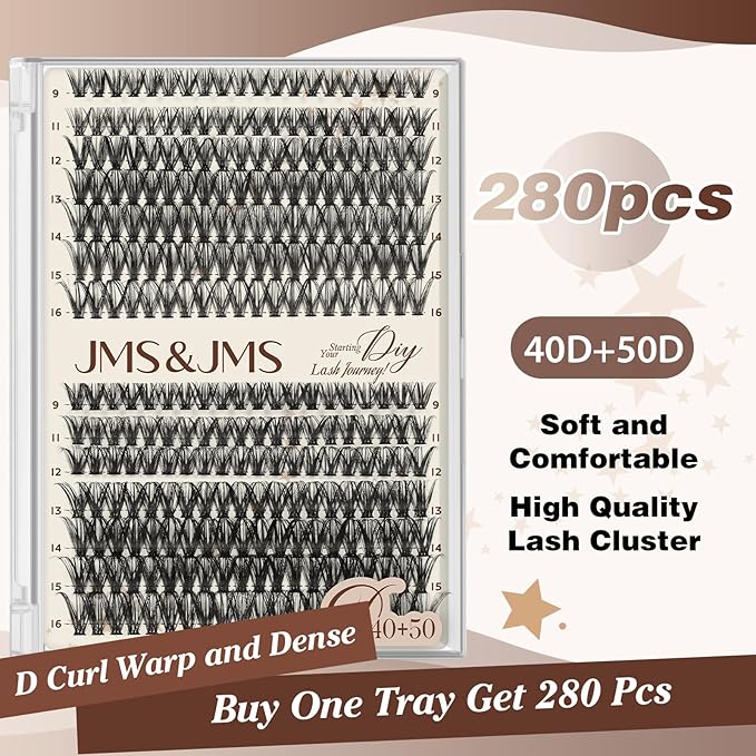 JMS&JMS DIY Lash Extension 280PCS Lash Clusters D Curl Individual Lashes 40D+50D 9-16MIX Cluster Eyelash Extensions at Home