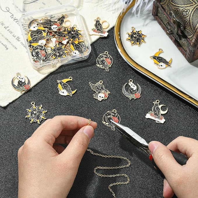 Stiesy 30 Pcs 6 Styles Gothic Black Crow Charms with Skull Sun Moon Enamel Raven with Red Rose Dangle Charm Pendant Bulk for Jewelry Making DIY Bracelet Crafting