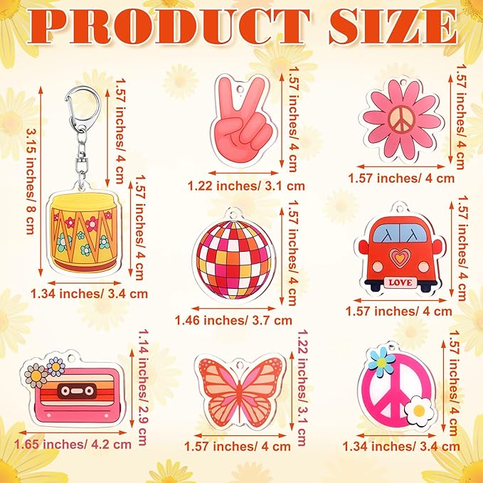 Tondiamo 48 Pcs Groovy Party Favors Keychains Bulk Retro Hippie Peace Daisy Boho Keychains for Spring Summer Groovy Party Birthday Gifts Decorations