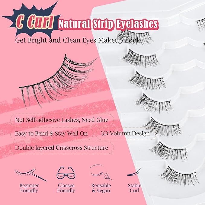 Half Lashes Natural Look C Curl False Eyelashes Cat Eye 7 Pack Corner Lash Siligli