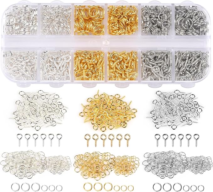 LEOBRO Screw Eye Pins, 600pcs Eye Pins for Jewelry Making, with Jump Rings, Small Screw Pins, Eye Hooks Mini Eye Screws for Crafts, Charms, Jewelry Keychain Making (Gold & Silver & Pearl Silver)