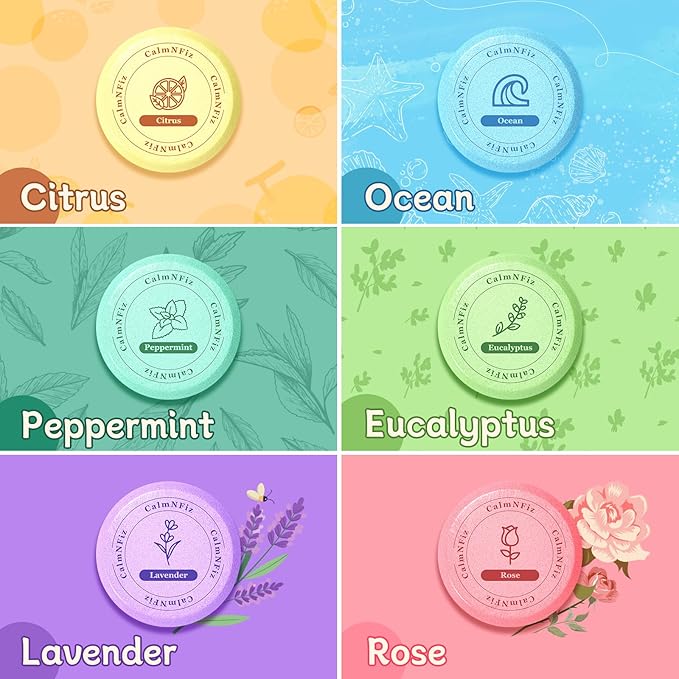 CalmNFiz 6 Pack Shower Steamers Aromatherapy, Stocking Stuffers for Women Men, Birthday Gifts for Her, Christmas White Elephant Gifts for Mom Adults Teen, Relaxation Self Care Natural Essential Oil