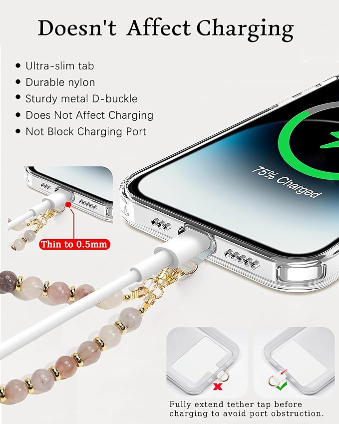 Marble Beaded Phone Wrist Strap,Detachable Phone Bracelet Strap with Tether Tab,Hands-Free Wristlet Strap (Charoite)