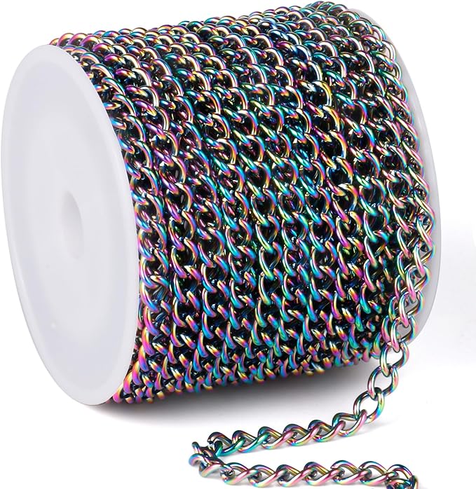 33FT Colorful Stainless Steel Curb Chains Roll, 4mm 304 Stainless Steel Multi Color Flat Twisted Links Curb Chains Bulk Spool for Jewelry Making DIY Craft