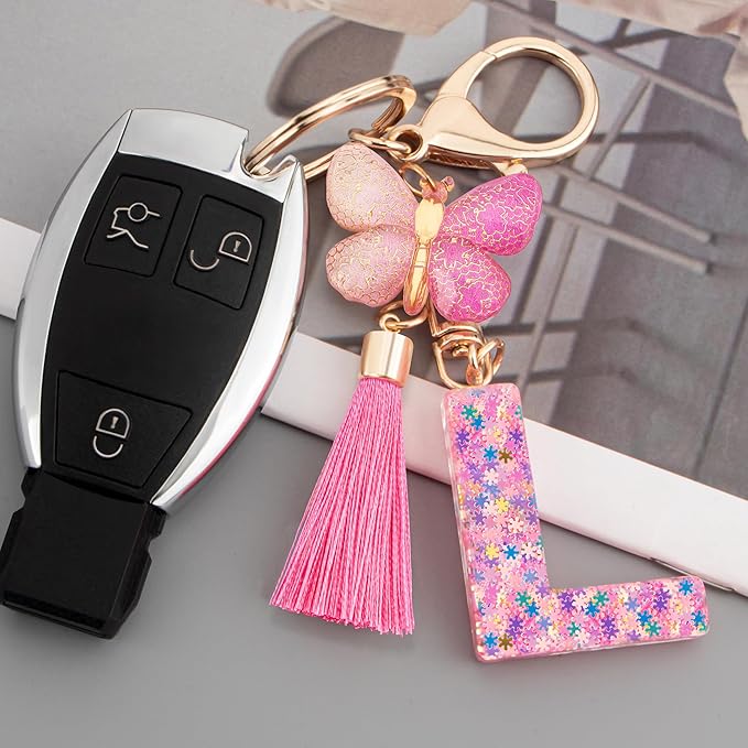 Suweibuke Cute Pink Key Chains for Women Girls, Initial Letter Keychains with Tassel, Charms for Key Purse Handbags Backpacks