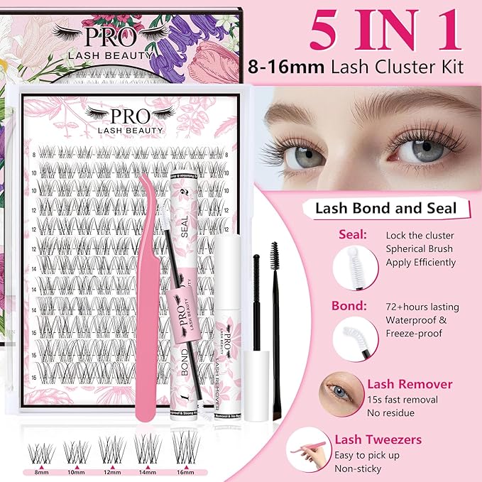 PROLASHBEAUTY Natural Lash Clusters Kit Wispy Lash Clusters Venus Ultra Thin Invisible Band Eyelash Clusters Kit Used 10 times with Clear Lash Bond and Seal Tweezer Remover (Venus Kit, 8-16mix)