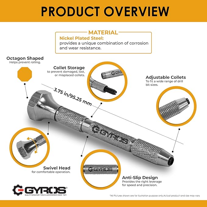 GYROS Swivel Head Pin Vise Hand Drill, 0"(0mm) to 1/8"(3.175mm) w/Anti-Slip Nickel Plated Steel Body & 2 Reversible Collets, Small Hand Drill for Precision Drilling of Jewelry, Plastic, & Wood