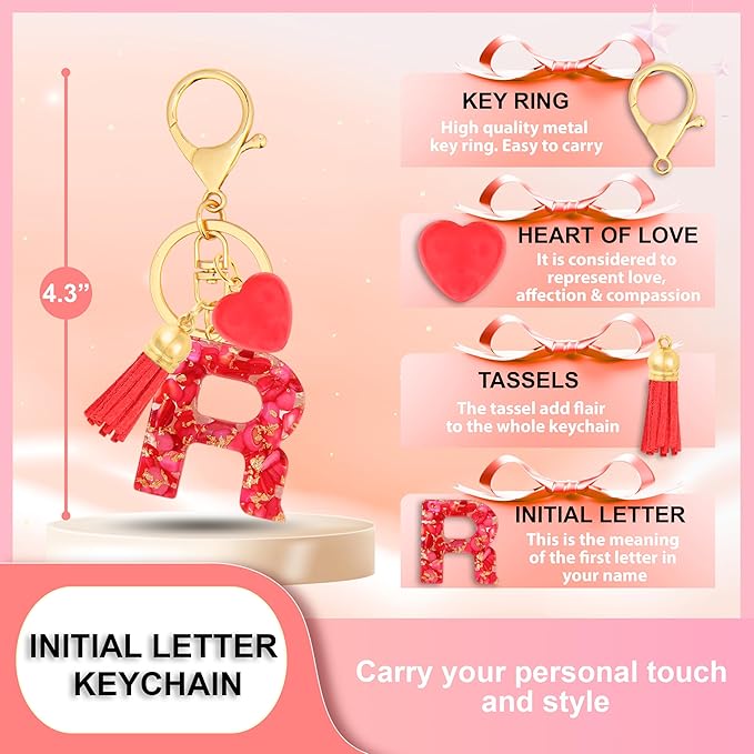 Initial Keychains for Women with Cute Heart Resin - Alphabet Letter Keychain for Bag, Backpacks, Purse or Car key