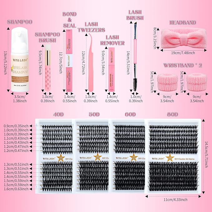 Lash Clusters Kit Eyelash Clusters Kit Cluster Eyelash Extensions Large Pack Lashes Clusters Lash Extension Kit Pestañas Postizas Naturales+Lash Bond&Seal,Remover,Tweezers,Cleanser,Tools(Lash Kit-10)