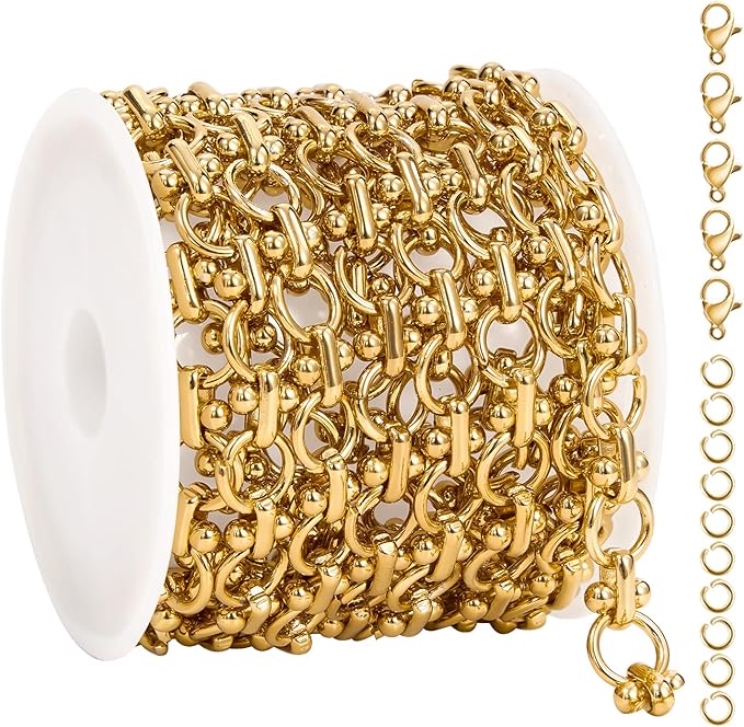 UMAOKANG 2 Meters Gold Plated Stainless Steel Chains for Jewelry Making Circle Link Chain on Spool with Jump Rings and Lobster Clasps