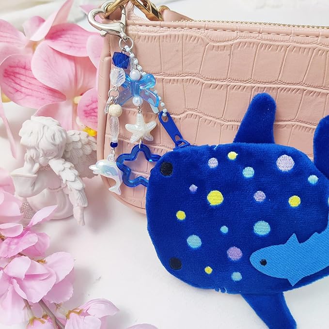Adorable Whale Shark Coin Purse Keychain,Soft Plush Zipper Coin Purse,Handmade Purse Bag Charm Gift for Girls Women (Dark Blue)