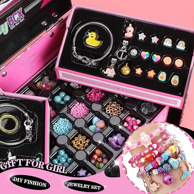 DIY Jewelry Making Kit for Girls, Pink Storage Box with Beads, Bracelets, Nail Polish, Craft Set with Dress Up Accessories, Ages 5-12