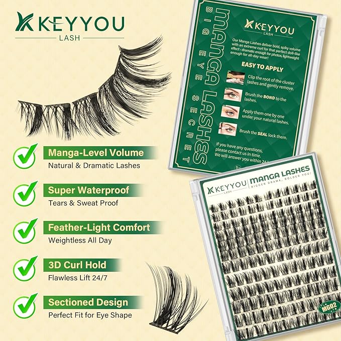 KEYYOU LASH Manga Lash Clusters 8-18mm Fairy Eyelash Clusters Natural DIY Lash Extension Wispy with Soft Thin Band(MG02)