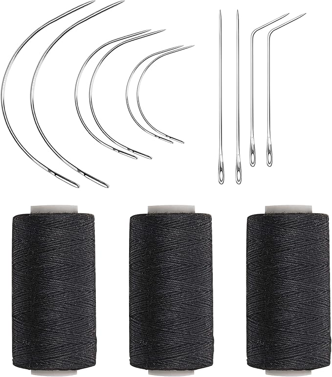 Ryalan Weaving Needle Combo Deal Black Thread with 10pcs Needle for Making Wig Sewing Hair Weft Hair Weave Extension, Big Medium and Small C J Shape Curved Needle I Needle (3 Thread Black + 10 Needle)