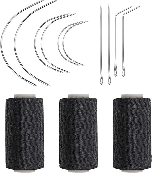 Ryalan Weaving Needle Combo Deal Black Thread with 10pcs Needle for Making Wig Sewing Hair Weft Hair Weave Extension, Big Medium and Small C J Shape Curved Needle I Needle (3 Thread Black + 10 Needle)