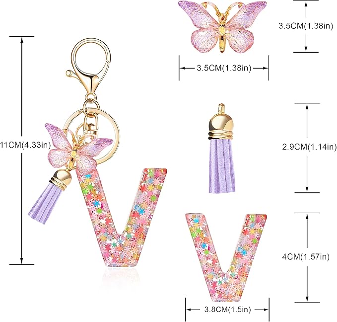 Fashion Alphabet Initial Letter Keychain Tassel Butterfly Pendant Key Ring for Purse Handbags Women Girl