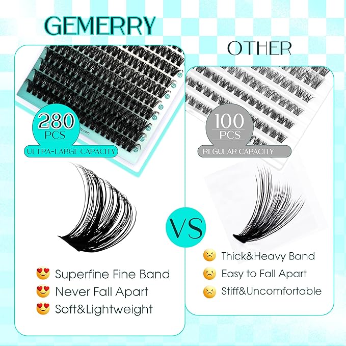 Lash Clusters GEMERRY 280pcs Clusters Lashes D Curl Soft&Natural Individual Lashes Cluster Eyelash Clusters DIY Lash Extensions at Home（40P+50P-18mm)