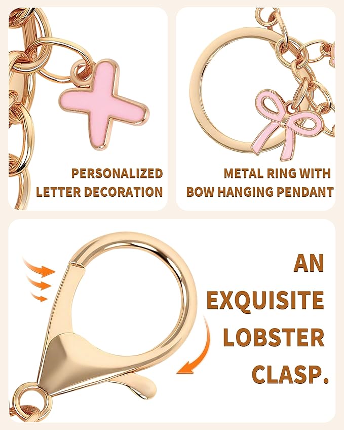 Bow Purse Charms Keychain - Pink Bow Alphabet Letter Key Chain, Bag Charms Wallet
