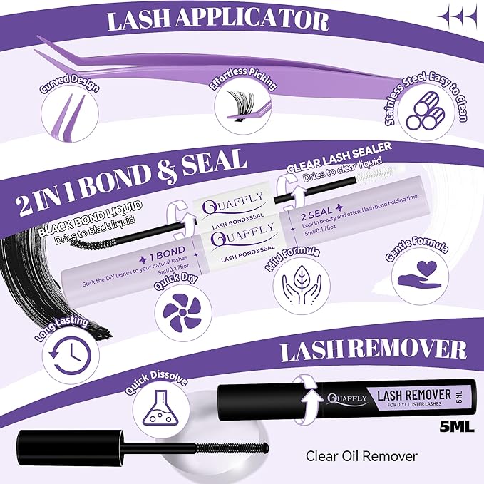 QUAFFLY Lash Clusters Kit 949pcs Natural Cluster Lashes With Bottom Lash Manga Lashes with Lash Bond and Seal Remover Dual-Ended Brush Headband Wristband Tweezer Lash Extension Kit for Beginner