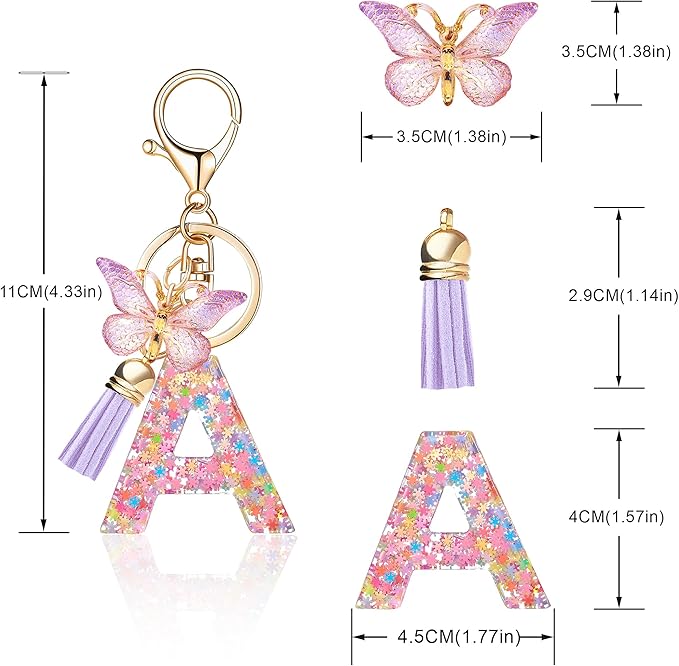 Fashion Alphabet Initial Letter Keychain Tassel Butterfly Pendant Key Ring for Purse Handbags Women Girl