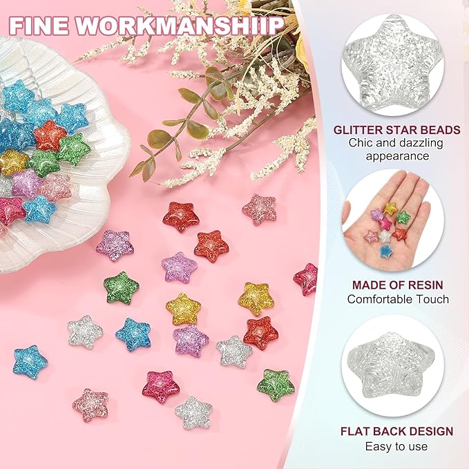 PATIKIL 30 Pcs Flat Back Resin Star Beads, Glitter Star Charms Bulk Mini Flat Back Beads Embellishments for DIY Crafts Phone Case, Silver