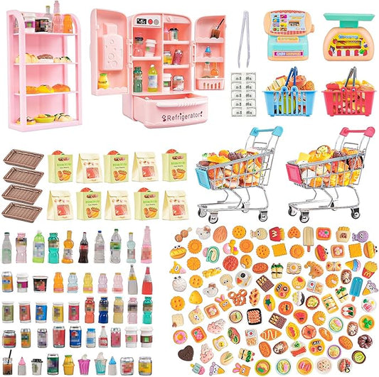 180 Pcs Dollhouse Miniature Kitchen Accessories Shopping Cart Basket Mini Food Drinks Dollhouse Store Grocery Supermarket Metal Handcart Party Model Shelves Cash Register Refrigerator