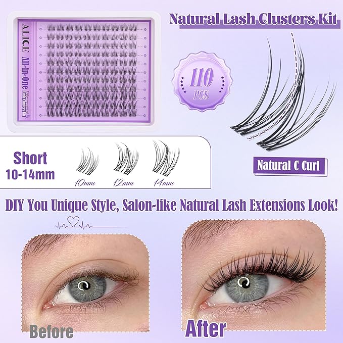 Clear Band Lash Clusters Kit Natural Wispy Lash Extensions Kit 10-14mm DIY Eyelash Extension Kit C-Curly Individual Lashes Kit with Lash Glue Lash Remover Self Application at Home by ALICE