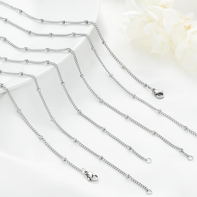 Lezam 12Pcs 18" Stainless Steel Satellite Beaded Necklace Chains Curb Link Chain Bulk for Jewelry Making supplies 2mm