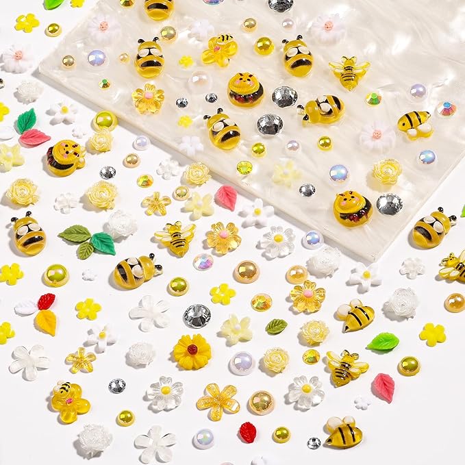 1200PCS Bee Flower Nail Charms Kit, 3D Daisy & Sunflower Resin Charms, Acrylic Bees, Half Pearls Rhinestones for Nail Art, DIY Crafts with Tweezers