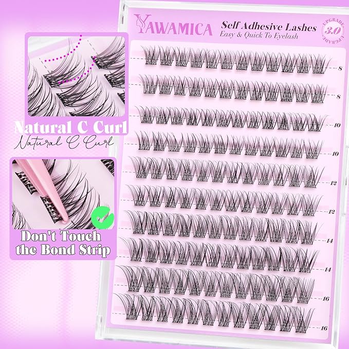 Yawamica Self Adhesive Lash Clusters Natural Press on Lashes Reusable Eyelash Clusters No Glue Needed 8-16mm Self Adhesive Eyelashes C Curl Individual Lashes DIY Lash Extension with Easy Application