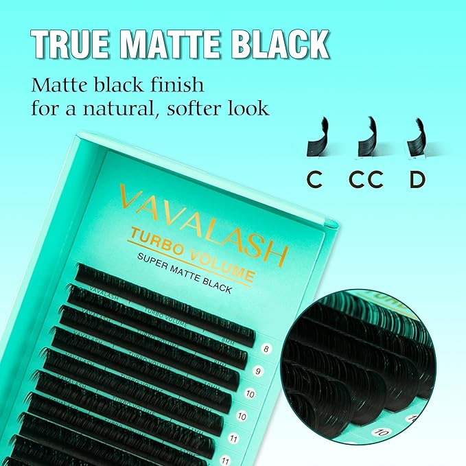 Shimmy-free Lashes Extenisons Self Fanning Eyelash Extensions 0.03 0.05 Turbo Volume Lashes C/CC/D Curl 14mm True Matte Black Lash Extensions Professional Volume Eyelashes (0.03-C-14mm)