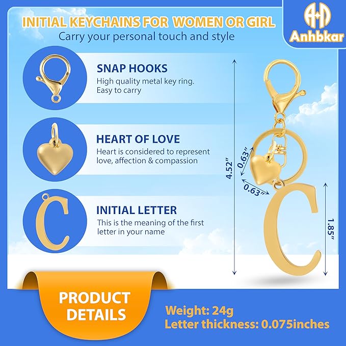 A-Z Heart Initial Letter Keychain, Stainless Steel Alphabet Charm for Handbags, Gift for Women and Girls