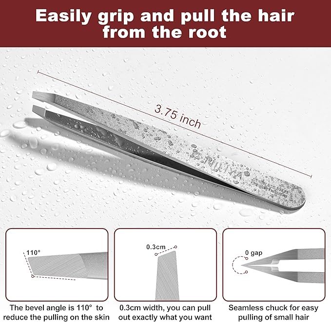 NILIYA Eyebrow Tweezers for Women Facial Hair, Precision Stainless Steel Slant Tweezers, Sharp Eyebrow Plucker for Remove Hair and Blackhead, With Travel Case
