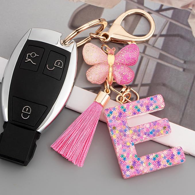 Suweibuke Cute Pink Key Chains for Women Girls, Initial Letter Keychains with Tassel, Charms for Key Purse Handbags Backpacks