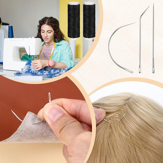 LIQWEI 11 Pcs Needle and Thread Set for Hair Weaving Needle, Blackhair Weaving Thread, Curved Upholstery Needles for Making Wig DIY Hand Sewing Hair Weave Extension