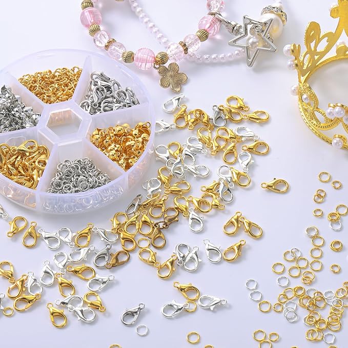 570 Pcs Lobster Claw Clasps Set with 4mm Open Jump Rings Connectors and 4mm Bead Tips Knot Covers for Jewelry Making Kit Jewelry Clasps DIY Craft (Gold,Silver)