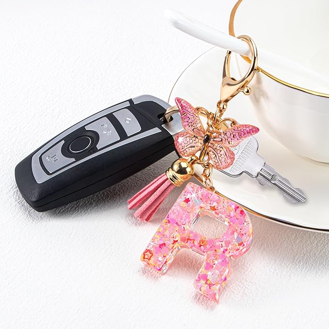 Initial letter Keychains for Women Girls Tassel Butterfly Cute Keychain for Wallet Backpack charm