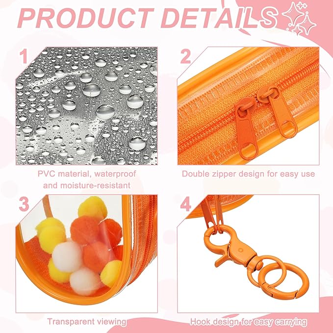 uxcell 4 Inch Clear Figure Display Bag, Mini Clear Pouch Waterproof Coin Pouch with Keychain and Pom Poms for Blind Box Doll Display (Round, Orange)