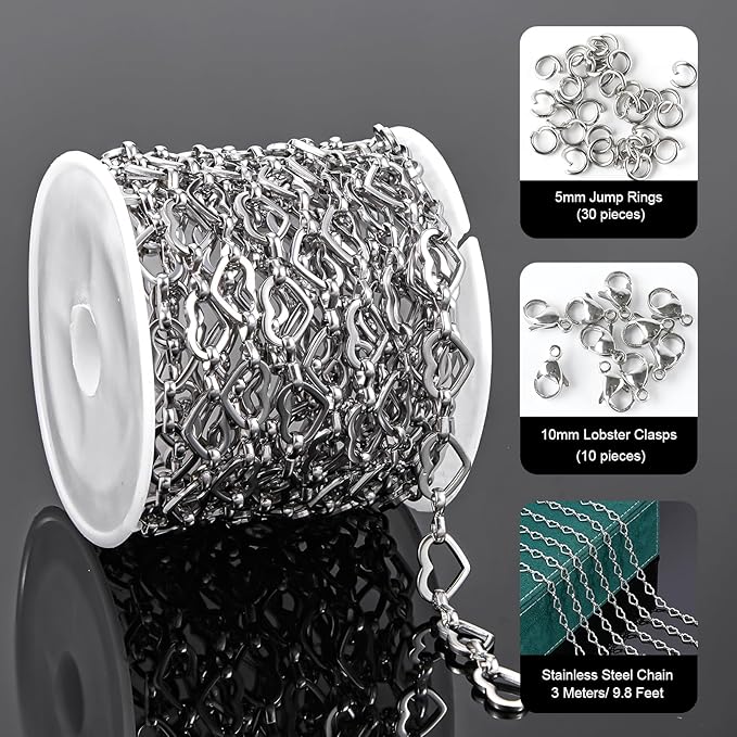 UMAOKANG 3 Meters Heart Chain for Jewelry Making Stainless Steel Chain Roll with Jewelry Supplies Findings Women Necklace Bracelet DIY