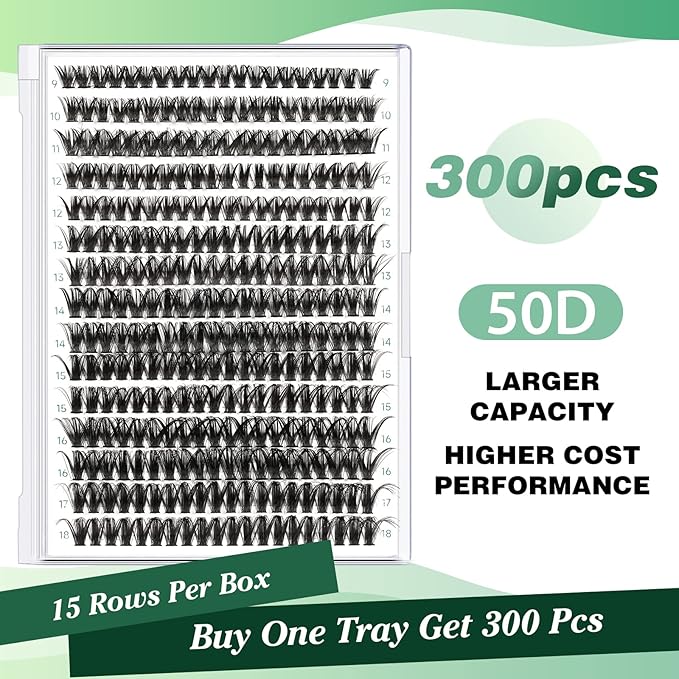 Lash Clusters 300pcs Individual Lashes 50D 0.07D Curl 9-18MIX DIY Eyelash Extension KEYYOU Large Tray Volume Soft&Natural Cluster Lashes(50D-0.07D,9-18MIX）