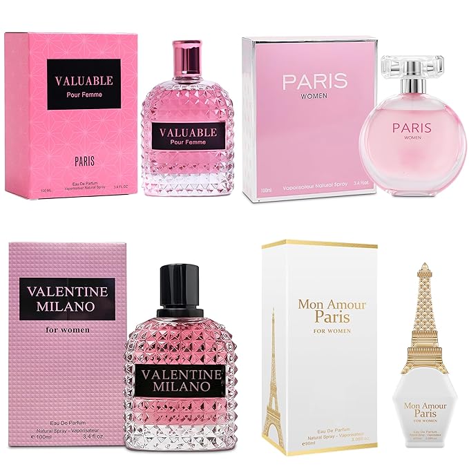 A CENTER 4PCS Perfume Set for Women - Floral Fragrance Gift Set with Vanilla,Sweet Fruity, Eau De Parfume| 3.4 Fl Oz Each Women's Cologne(Valentine Milano,Valuable,Paris,Mon Amour Paris)